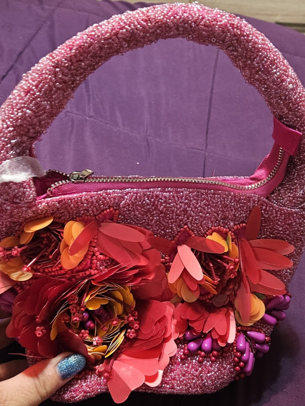 Pink Floral Beaded Handbag - Women's Decorative Tote
